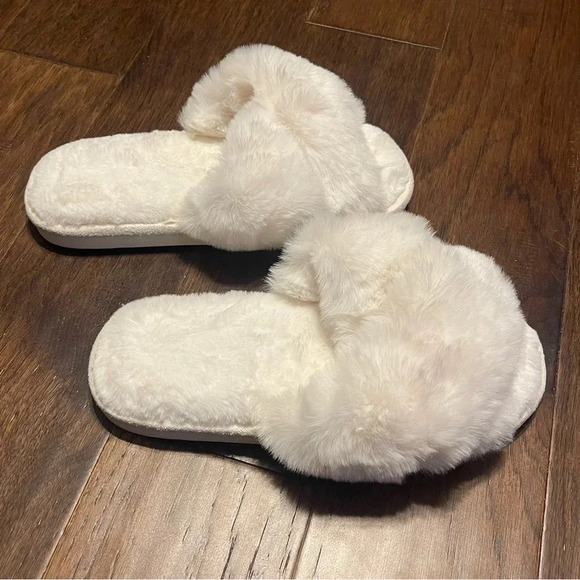 Comfy Slippers Memory Foam Cross Band Open Toe Fuzzy Slides House Shoes - Picture 2 of 9